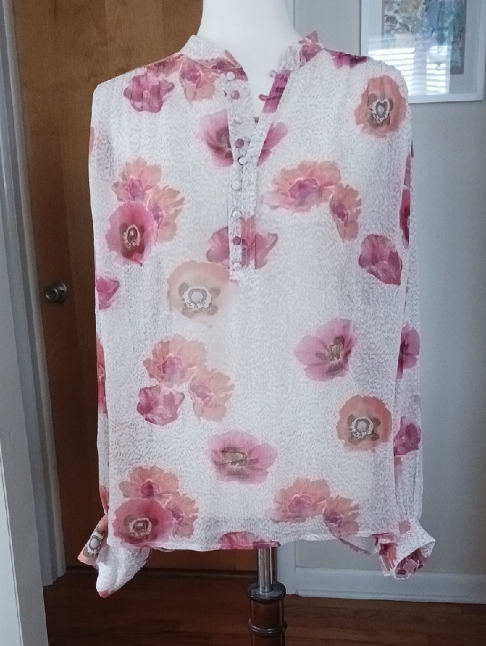 Rag & Bone Blouse Carla Long Sleeve Pullover Collared Floral Tan Cream Orange L